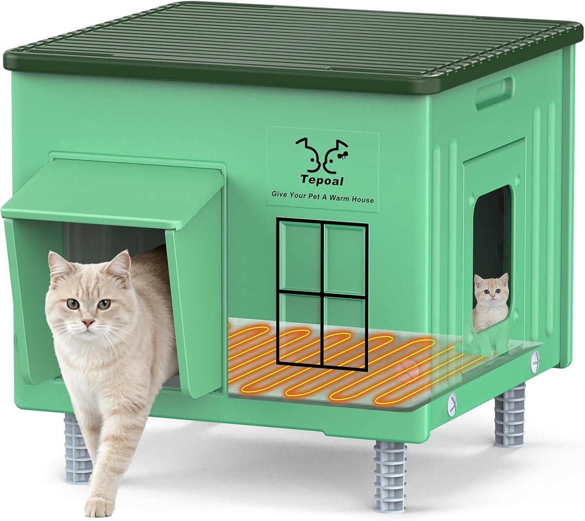 Heavy-Duty Heated Outdoor Cat House with Escape Door – Green or Grey, 2 Sizes