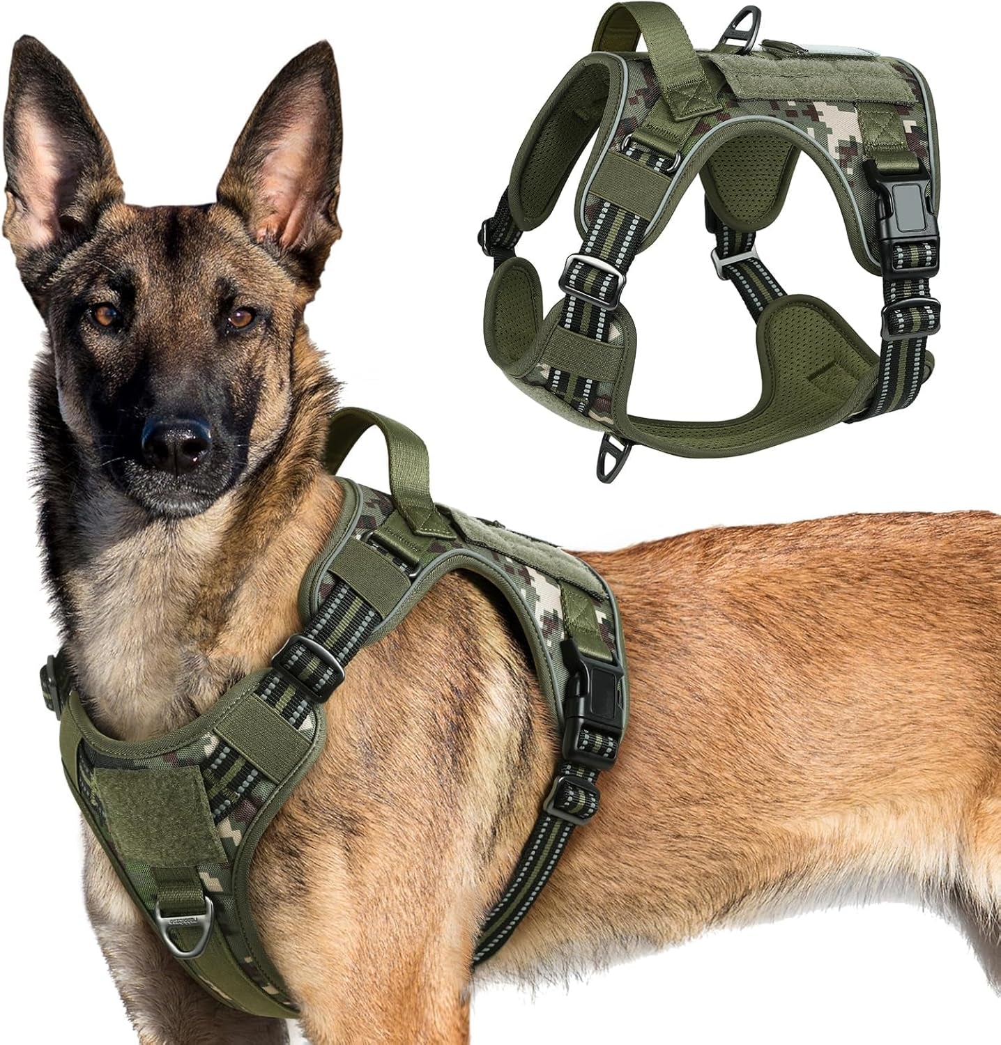 No Pull Tactical Dog Harness Molle Vest Adjustable Medium Large Dogs Green Camo X-Large