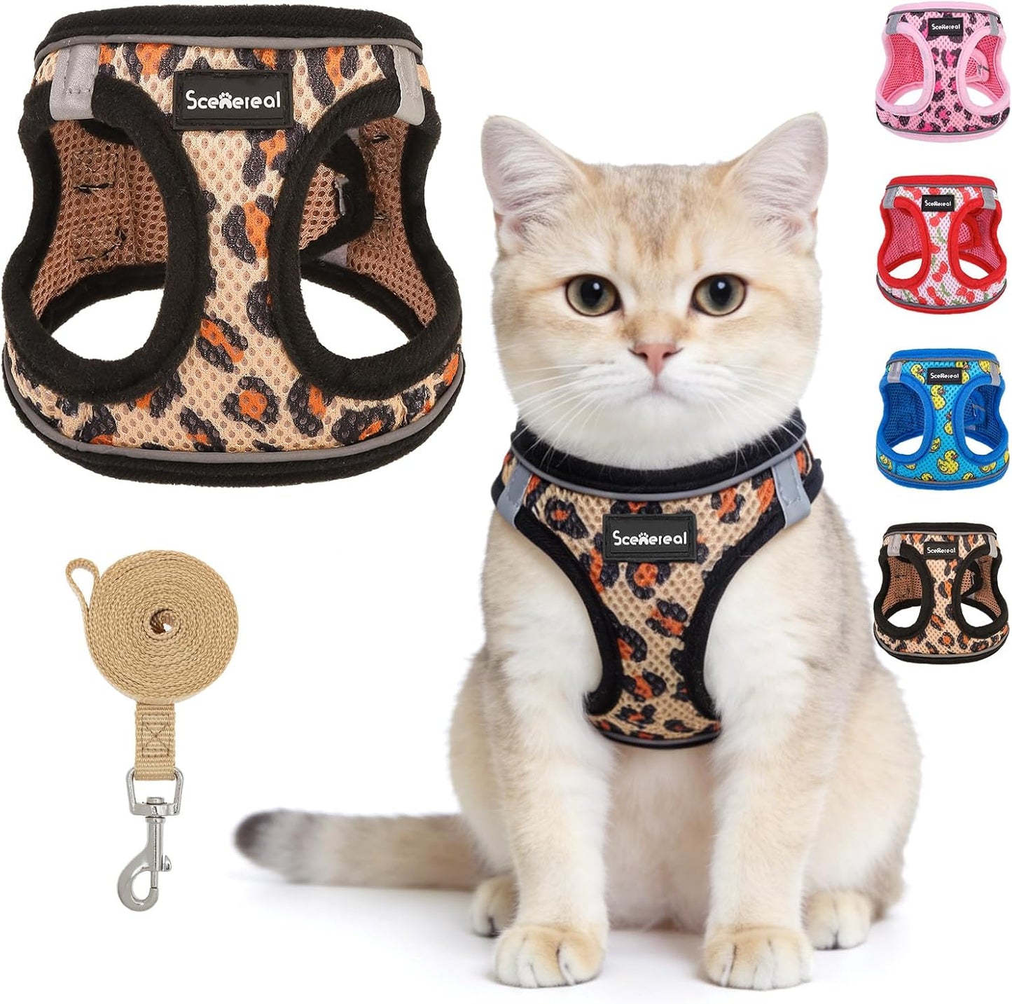 Cat Harness and Leash Set Escape Proof Reflective Mesh Vest Khaki Leopard
