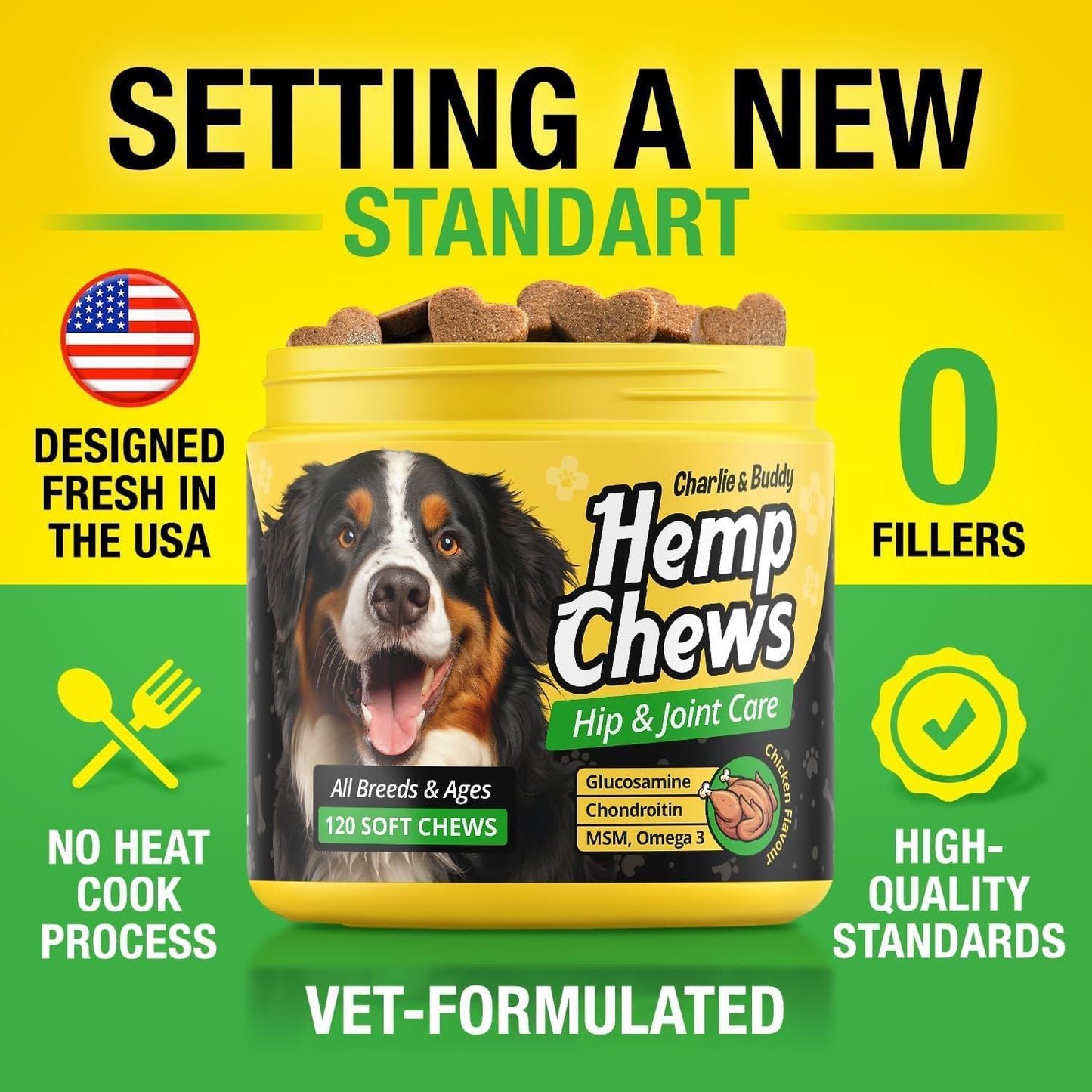 Dog Joint Supplement Glucosamine Chondroitin MSM Omega 3 Chews 120Ct