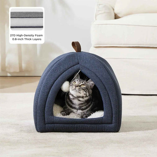 2-in-1 Cat Cave Bed – Foldable Indoor Tent with Washable Cushion