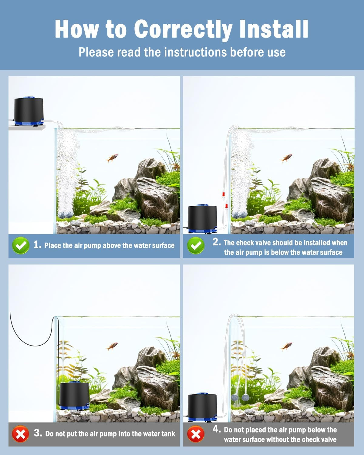 3W/6W/10W Aquarium Air Pump Quiet Dual Outlet Adjustable 80-200 Gallon Aerator