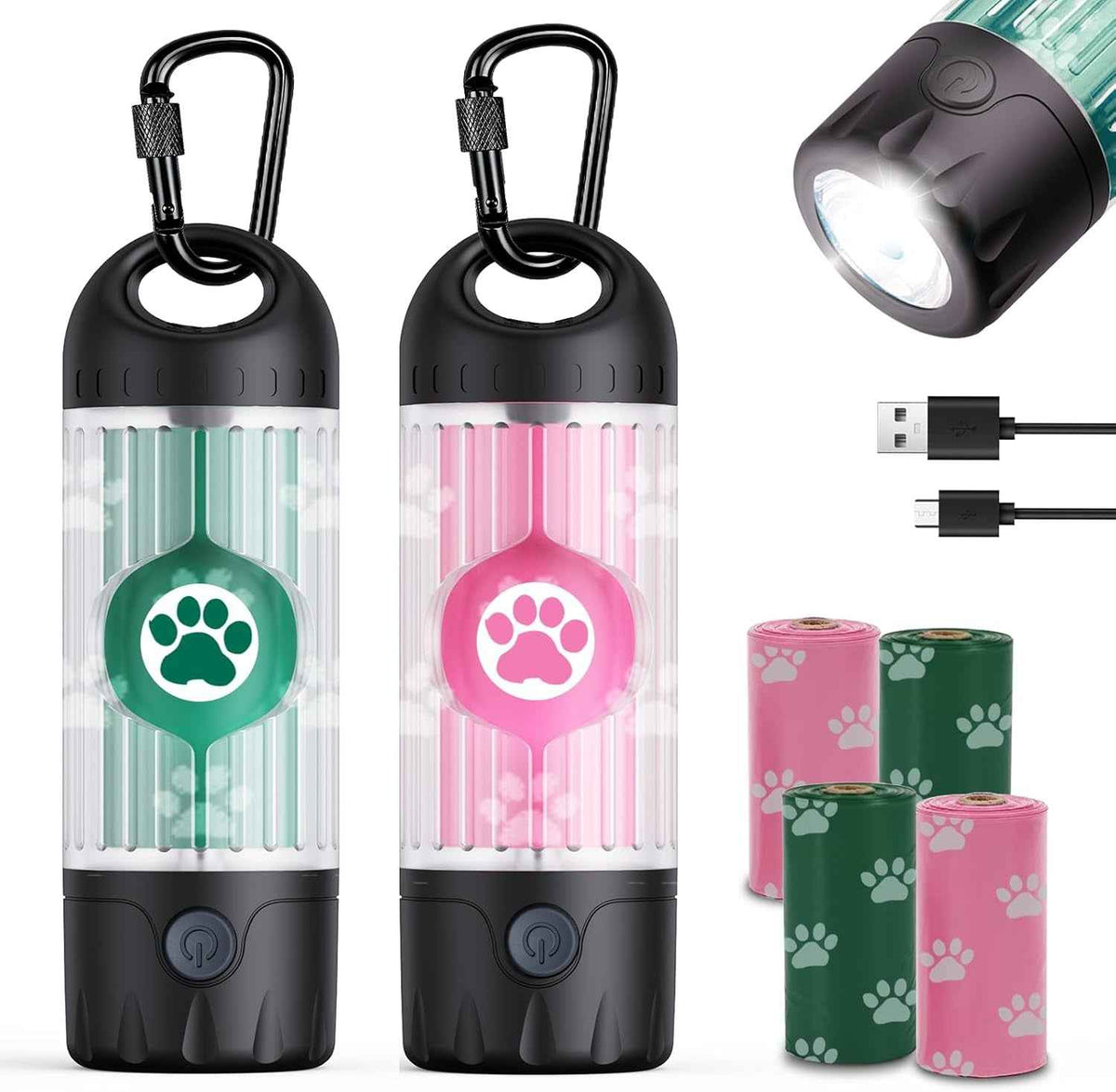 Dog Poop Bag Holder LED Flashlight USB C Waterproof Dispenser 30 Bags