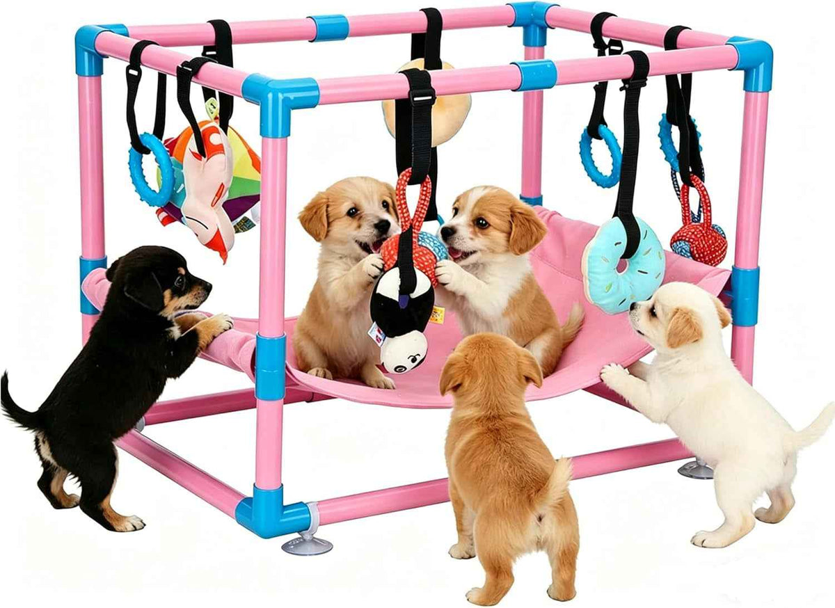 Indoor Puppy Play Gym with Hammock 8 Toys Dog Enrichment Activity Center