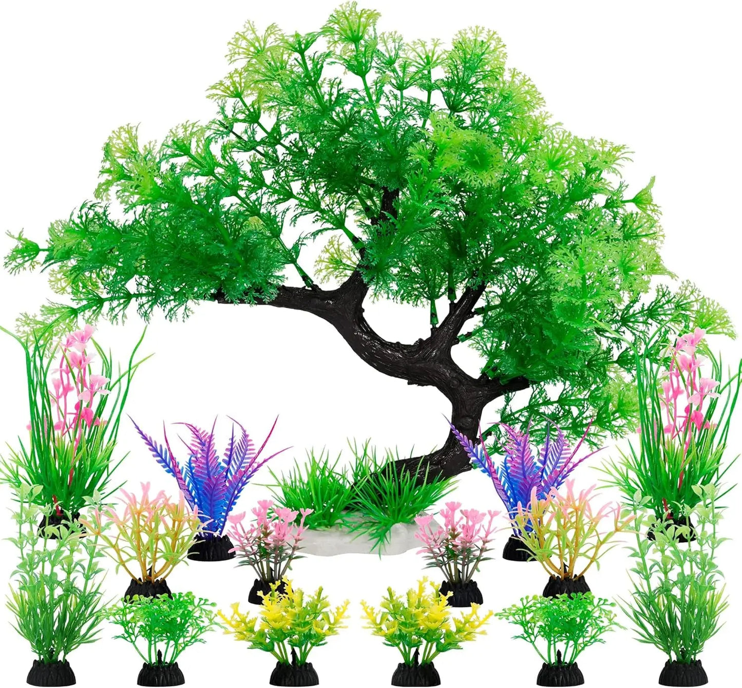 Aquarium Plants 15 Pack Artificial Fish Tank Decor Tree & Plant Set Green Set