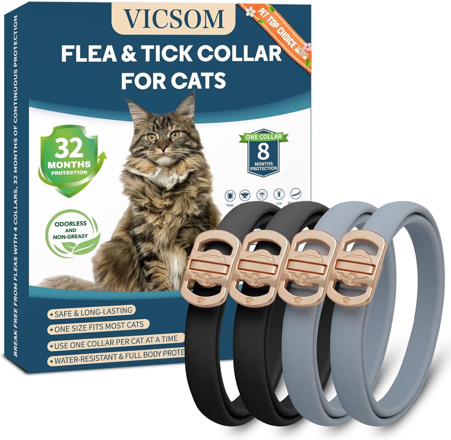 Cat Flea Collar 4 Pack Waterproof Adjustable Tick Prevention 32 Month Protection Black Grey