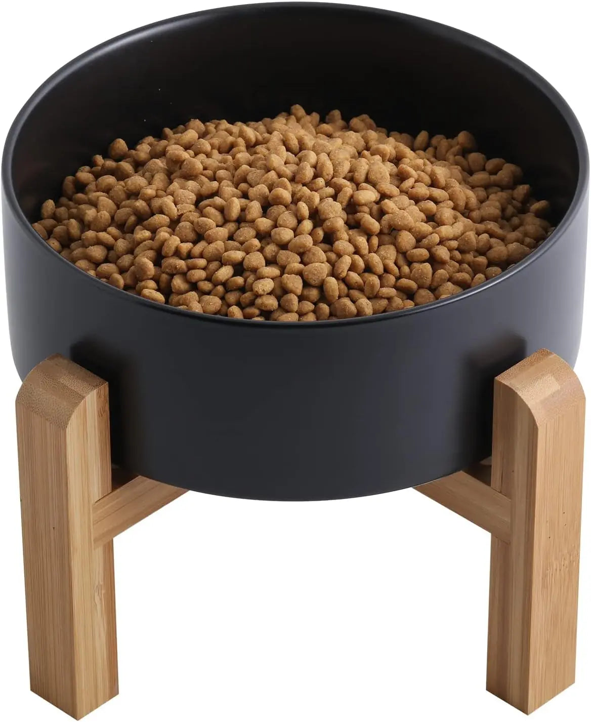 Elevated Ceramic Dog Bowl with Wood Stand | Modern Porcelain (6” & 8”) Black 6 Inch
