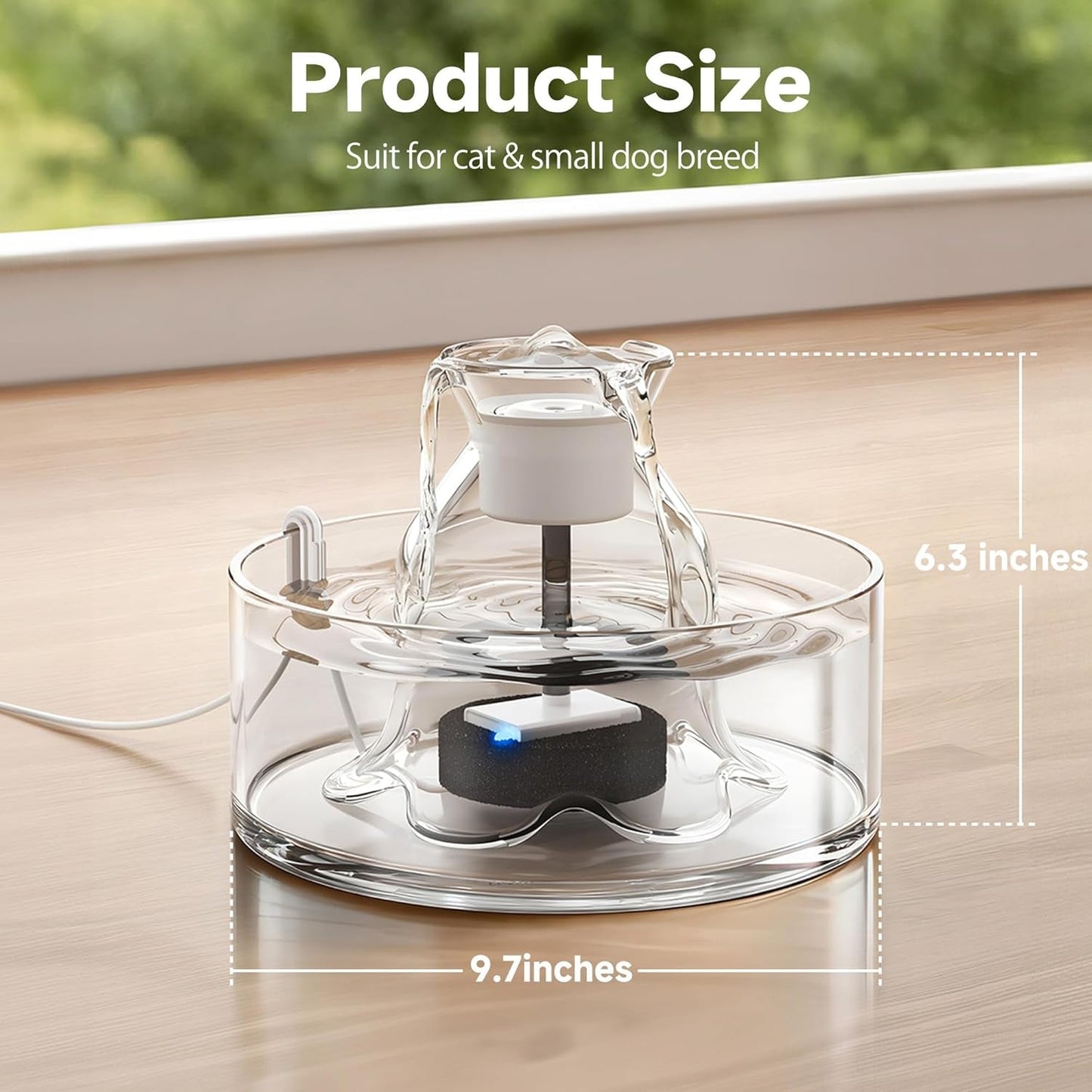 Glass Cat Water Fountain 2.7L Ultra Quiet BPA Free Auto Pet Fountain