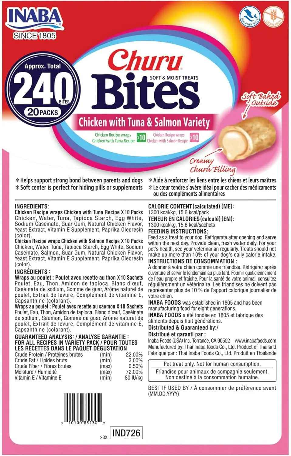 INABA Churu Bites Soft Dog Treats Tuna & Salmon Variety 20ct 0.42oz