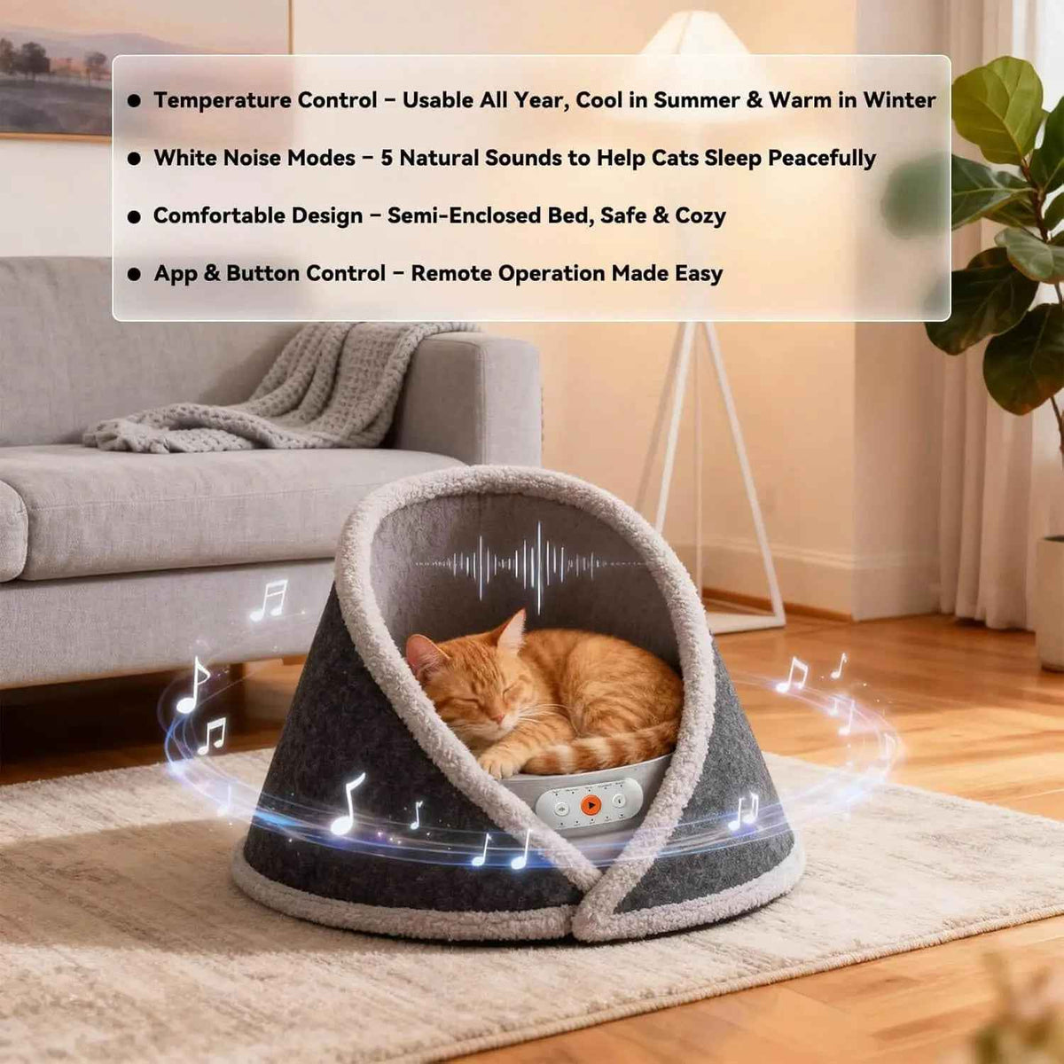 Indoor Heated & Cooling Cat Cave Bed with White Noise Smart Temperature Cat Bed