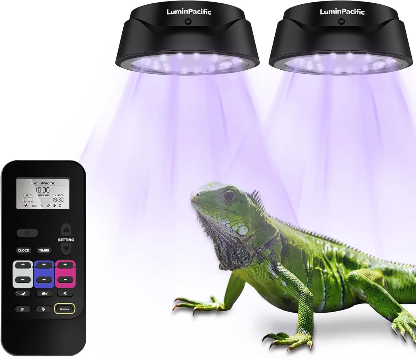 LED Reptile Light w/ Remote – UVA UVB FR Lamp, Timer, Dimmable (Zones 1–4) 2 Pack