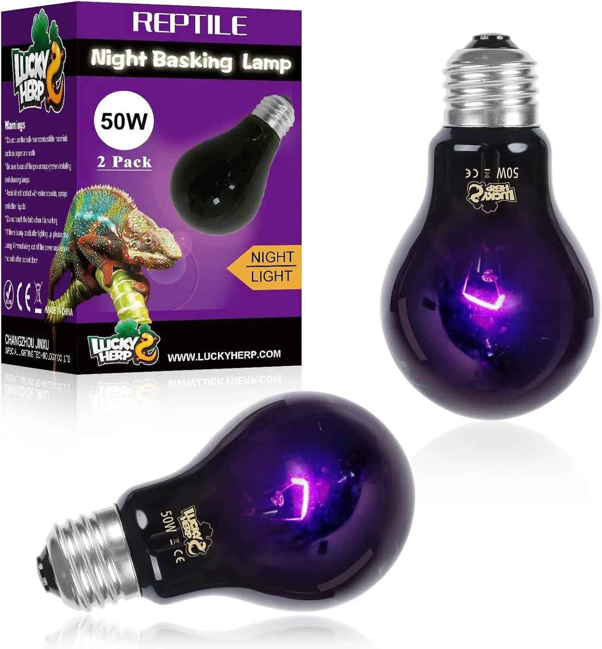 LUCKY HERP Reptile Night Heat Bulb 2 Pack 50W/75W UVA Heat Lamp E26