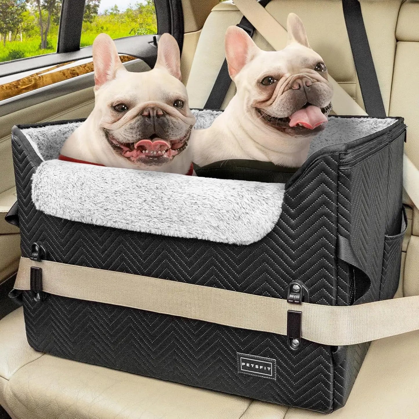 Luxury Dog Booster Car Seat Waterproof PU Leather Safe Buckles Dual Leash Glossy Black Faux Leather