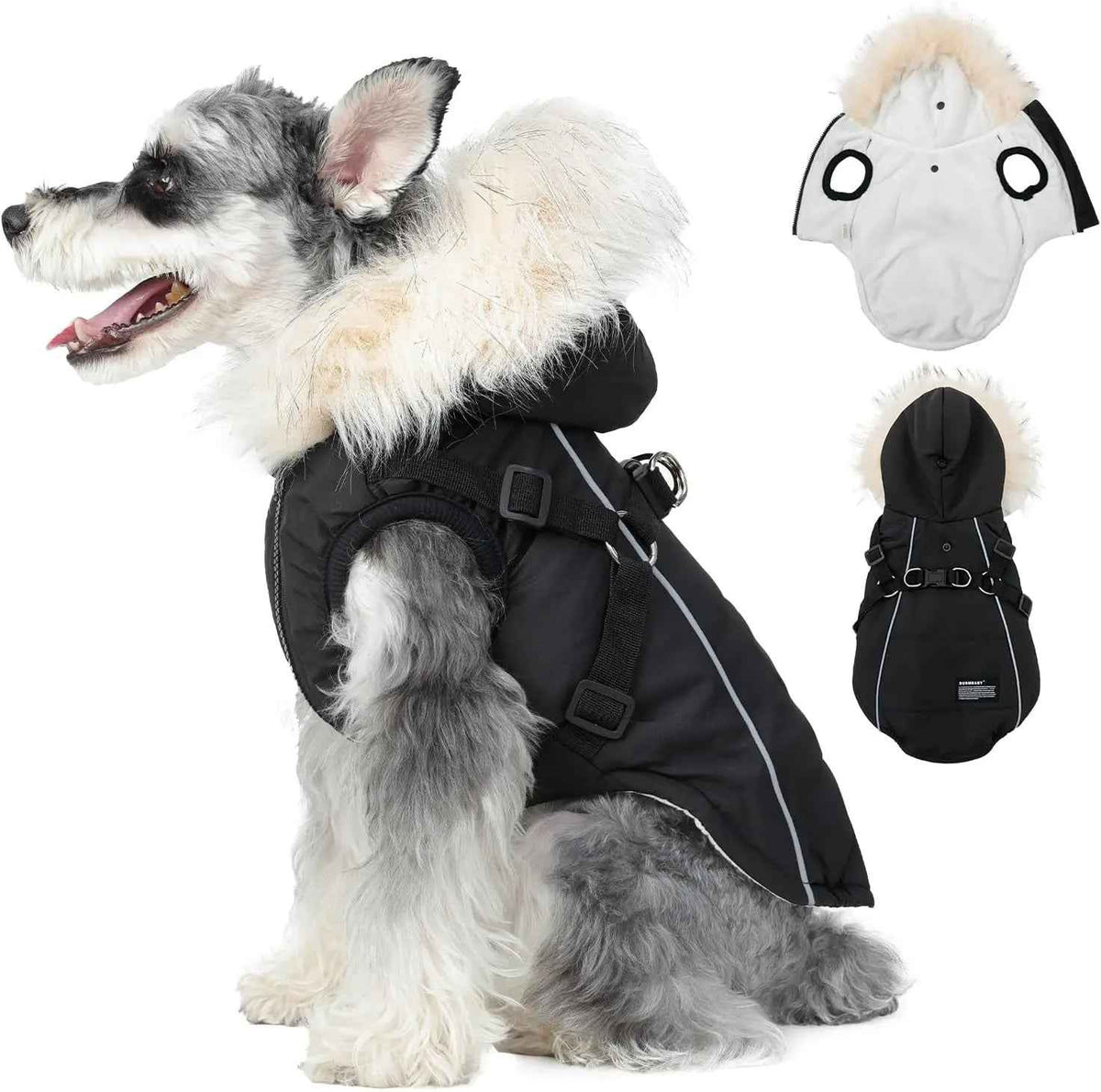 Waterproof Dog Coat Jacket with Faux Fur Hood & Reflective Strap