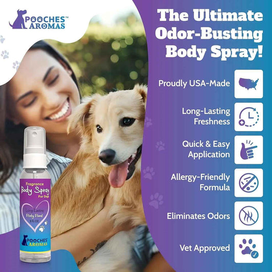 Natural dog cologne spray bottle being used to freshen a dog's coat after grooming