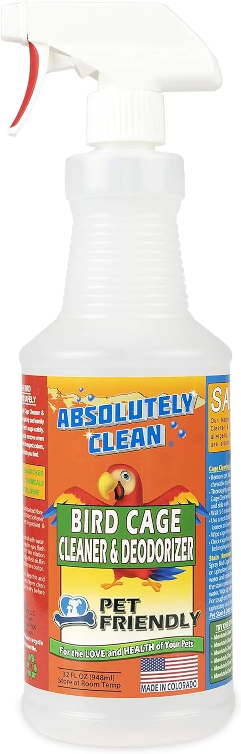 Premium Bird Cage Cleaner & Deodorizer–USA Made, Fragrance Free, 4X Concentrate