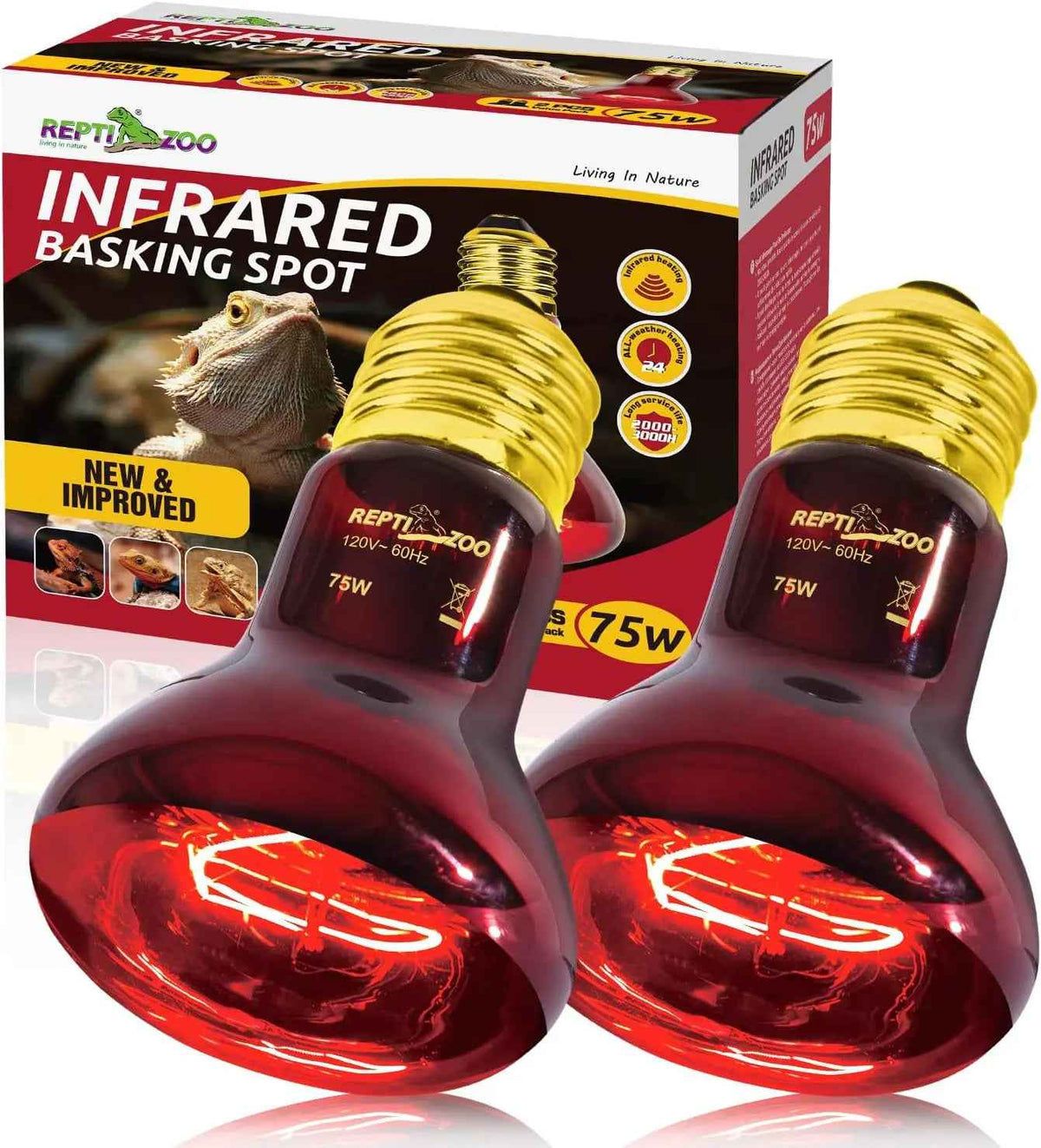 75W Reptile Heat Lamp Bulb 2PCS UVA Daylight & Infrared Night Basking E26