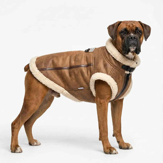 Retro Aviator Dog Jacket – Faux Leather Sherpa Coat