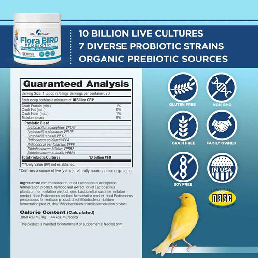 Vital Planet Flora Bird Probiotic Powder, 10 Billion CFU, 7 Strains