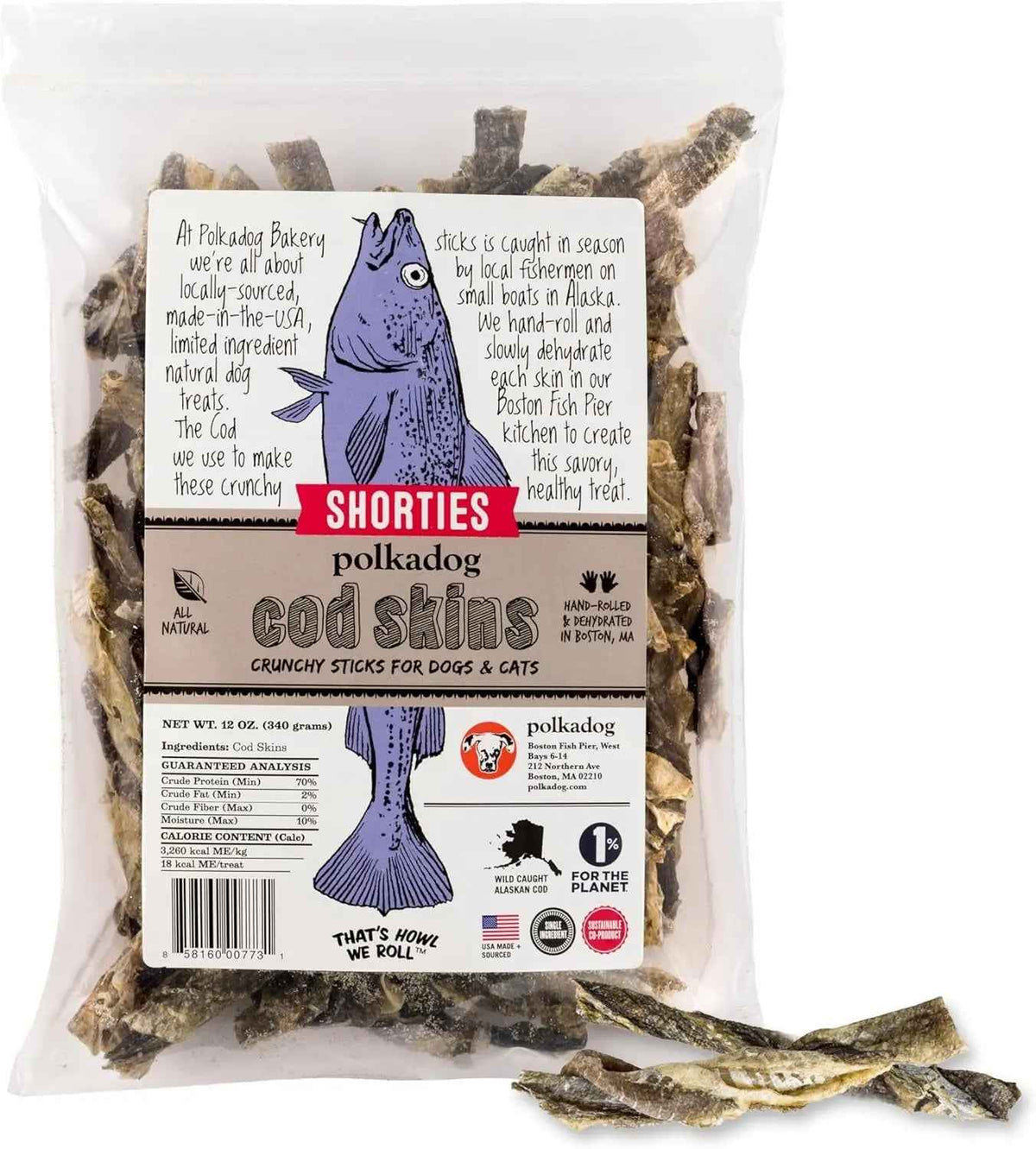 Wild Caught Cod Skins Dog Treats 4.7oz Single Ingredient USA Made