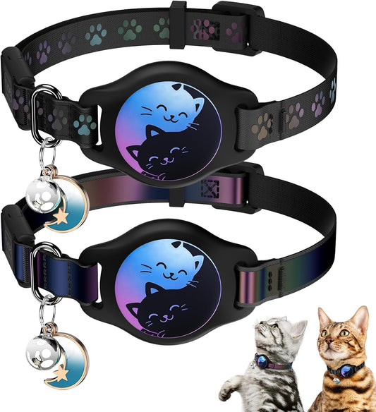 Two-pack AirTag cat collars with reflective stitching and safety buckles