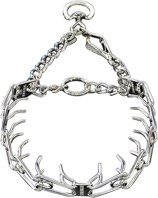 Chrome-plated steel dog training prong collar with quick release buckle