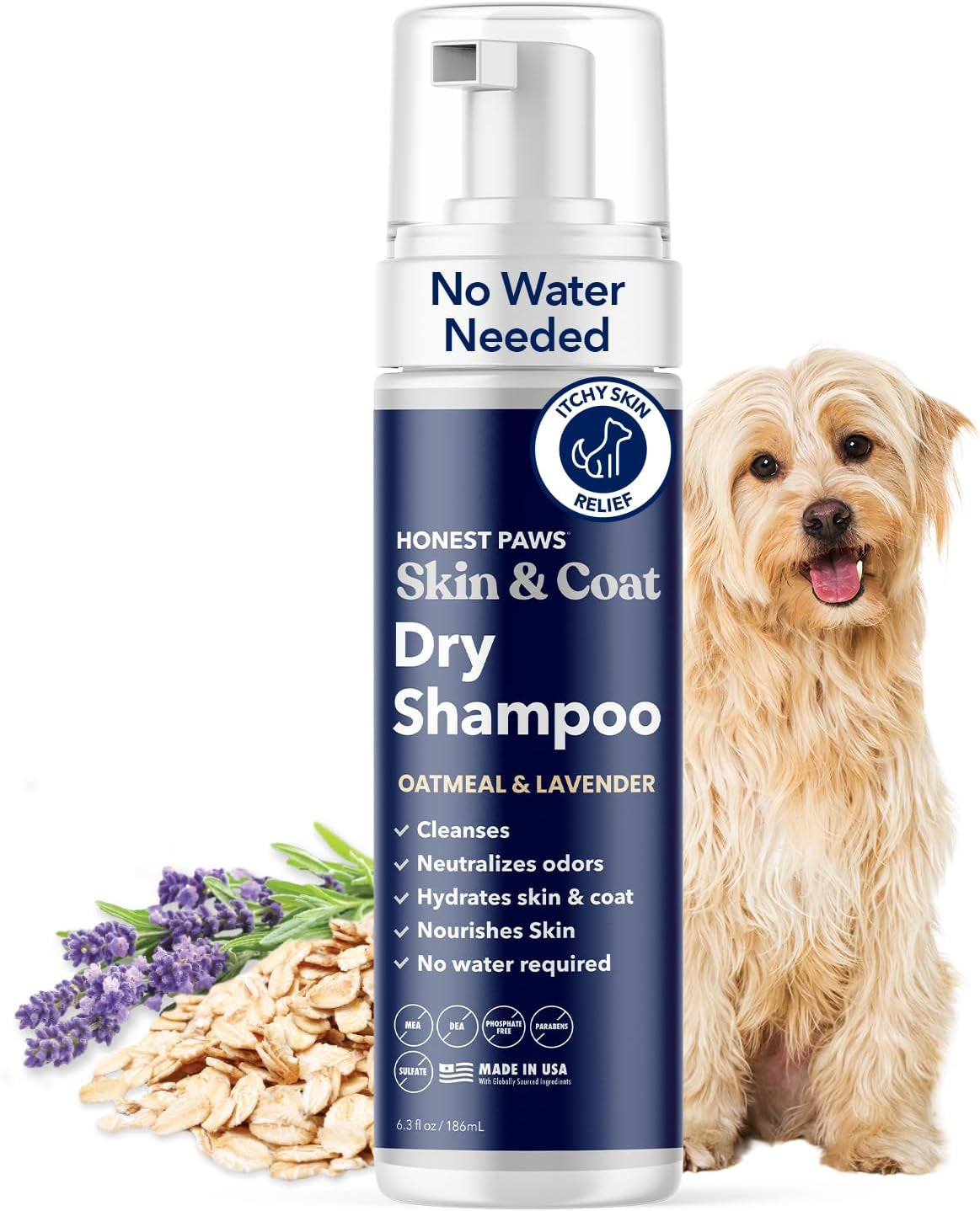 Dog Dry Shampoo Waterless No Rinse Oatmeal Lavender Itch Odor Relief 8oz Foaming - Oatmeal Lavender - 6.3Oz
