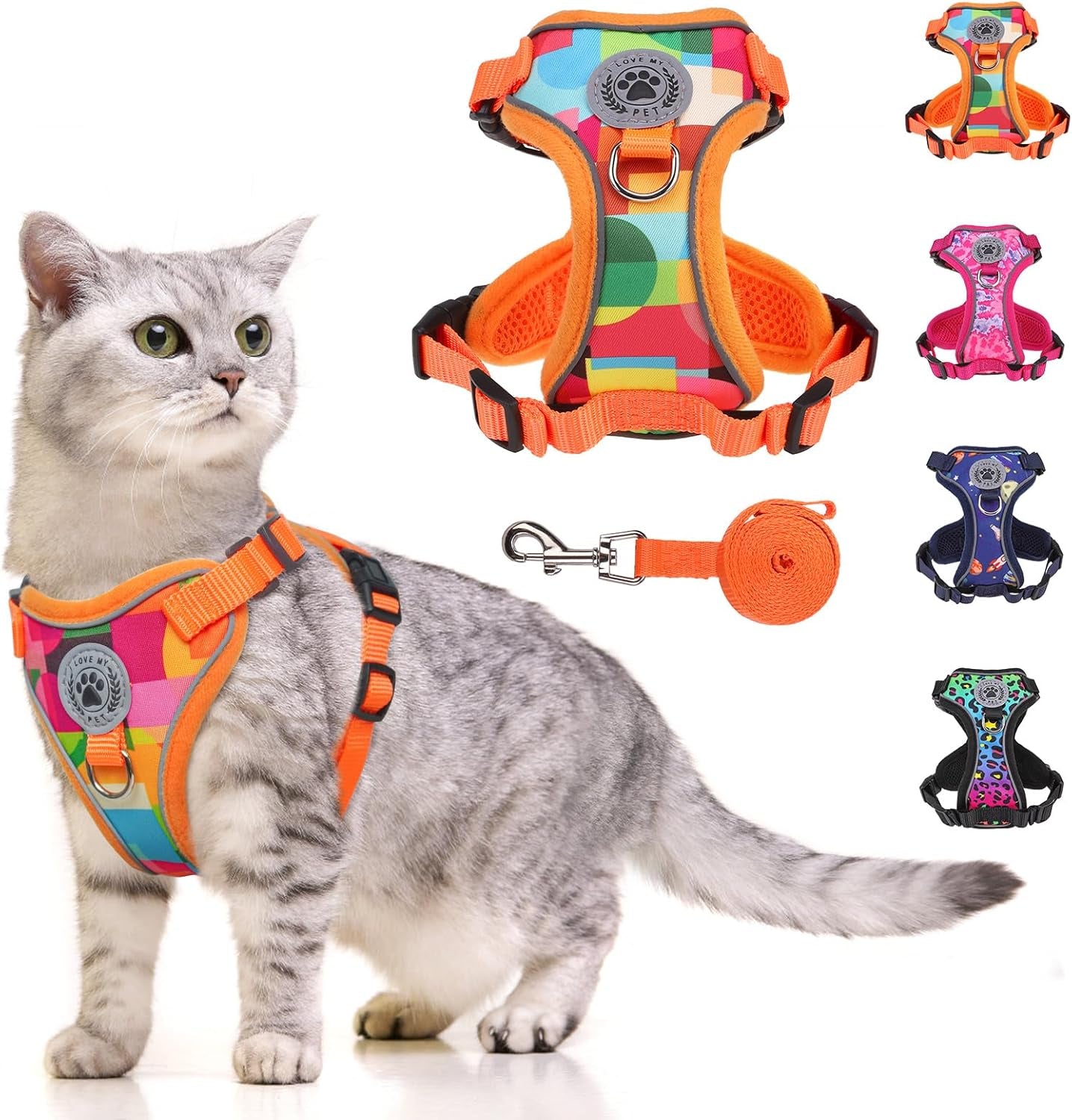 Escape Proof Cat Harness and Leash Reflective Adjustable Soft Vest Orange