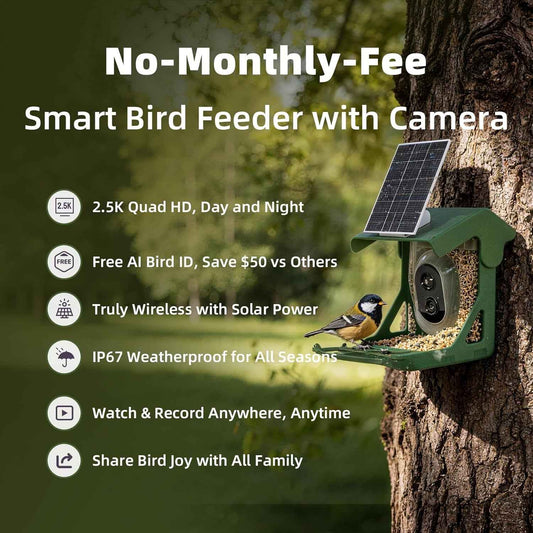 Bird Feeder Camera Solar WiFi 4MP 2.5K AI Motion Detection No Fee