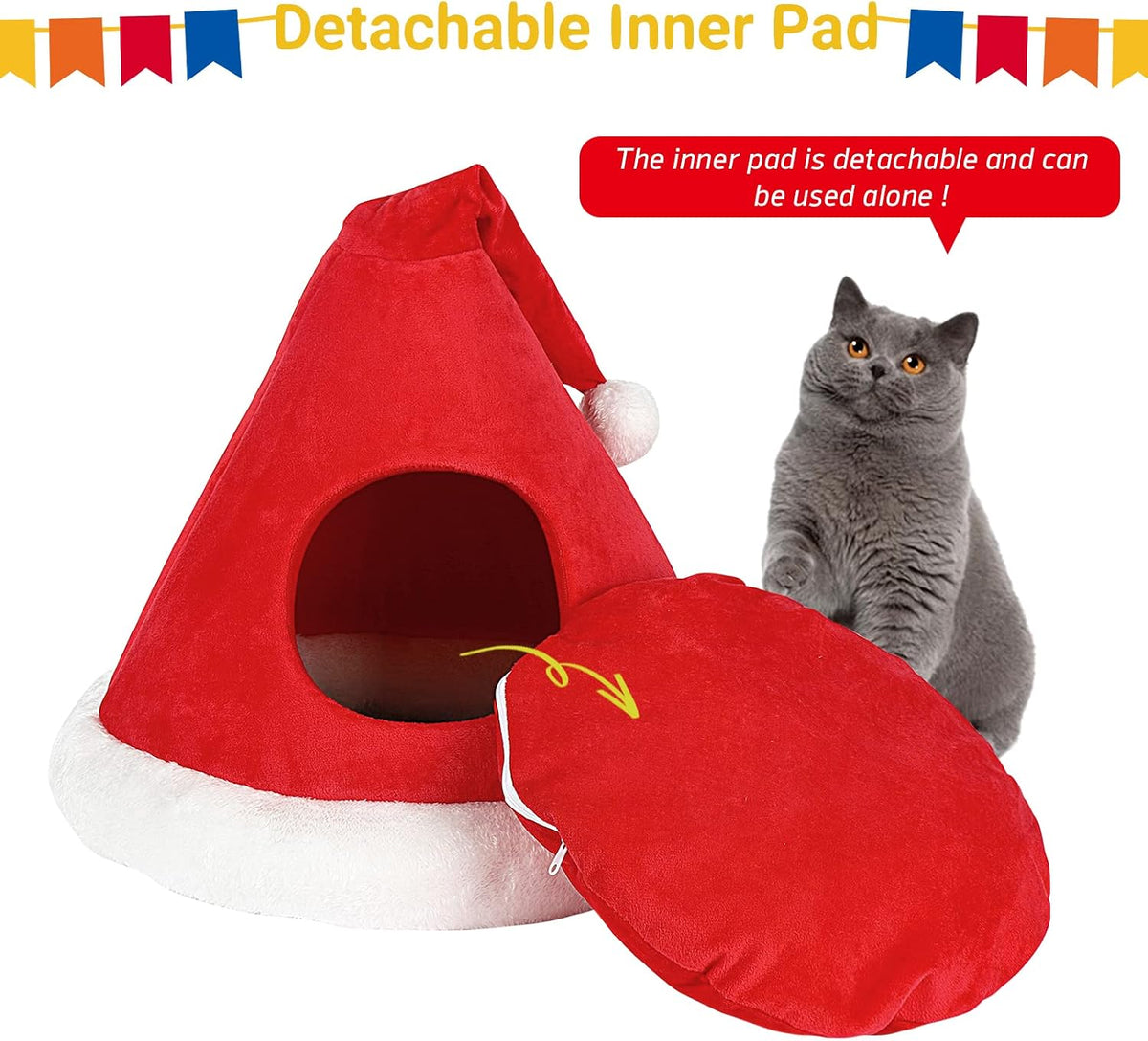 Christmas Cat Cave Bed – 2-in-1 Tree Tent, 16.9"