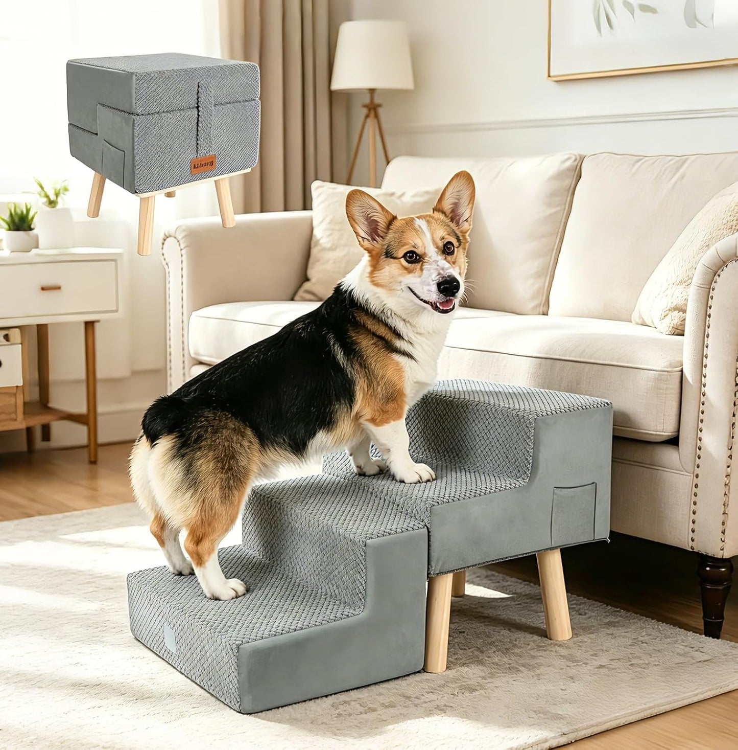Dog Stairs 4 Step Foldable Pet Steps Ottoman Ramp for Couch Bed 4-Step Grey