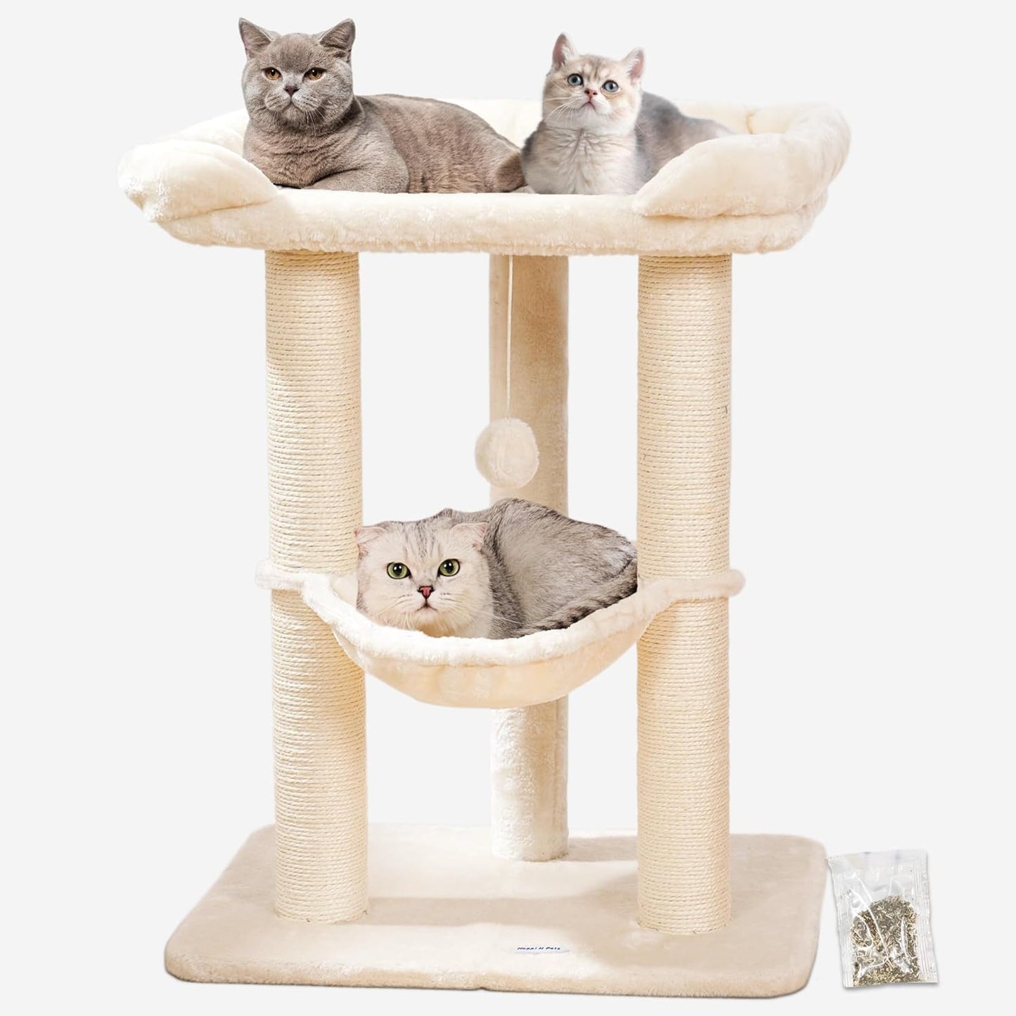 28-Inch Cat Tree for Large Cats | Window Perch, Hammock & Scratching Post Beige