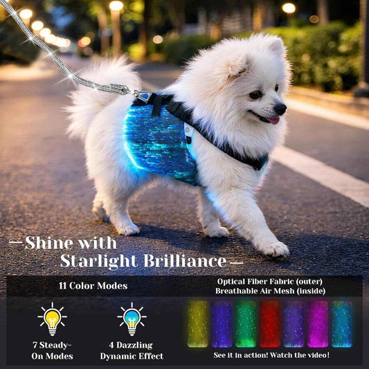 LED Dog Harness Light Up Fiber Optic Remote Control Small Dogs Cats