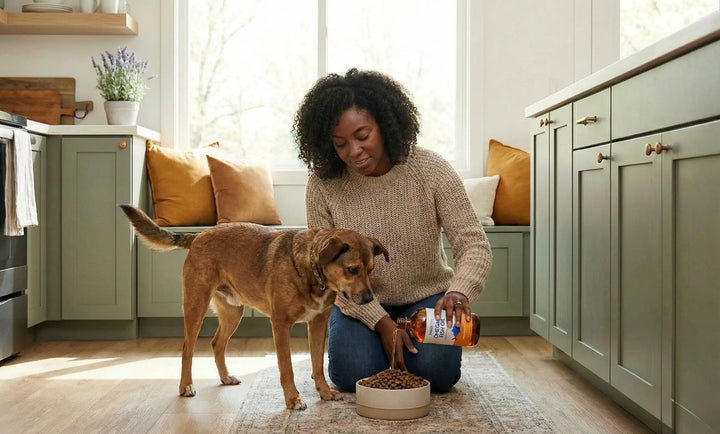Woman kneeling down pouring omega 3 fish oil over or dogs dry food