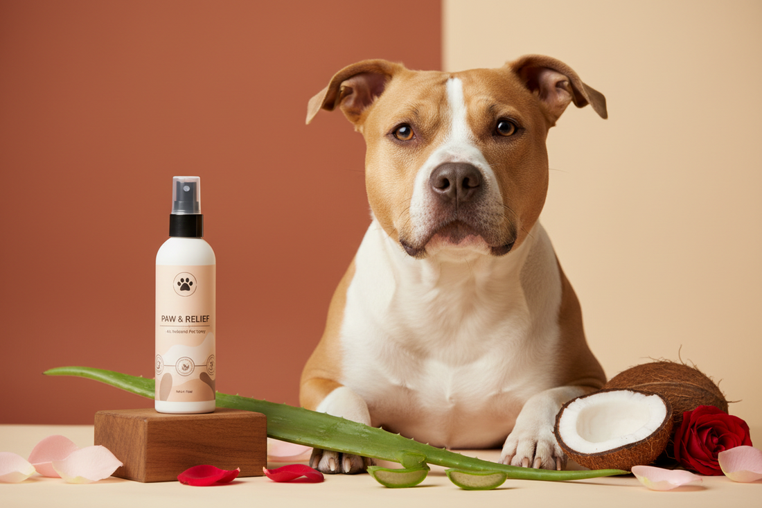 Red nose Pitbull with bright expressive eyes surrounded by aloe vera, rose petals and coconut botanicals with anti-itch spray — best anti-itch spray for sensitive dogs