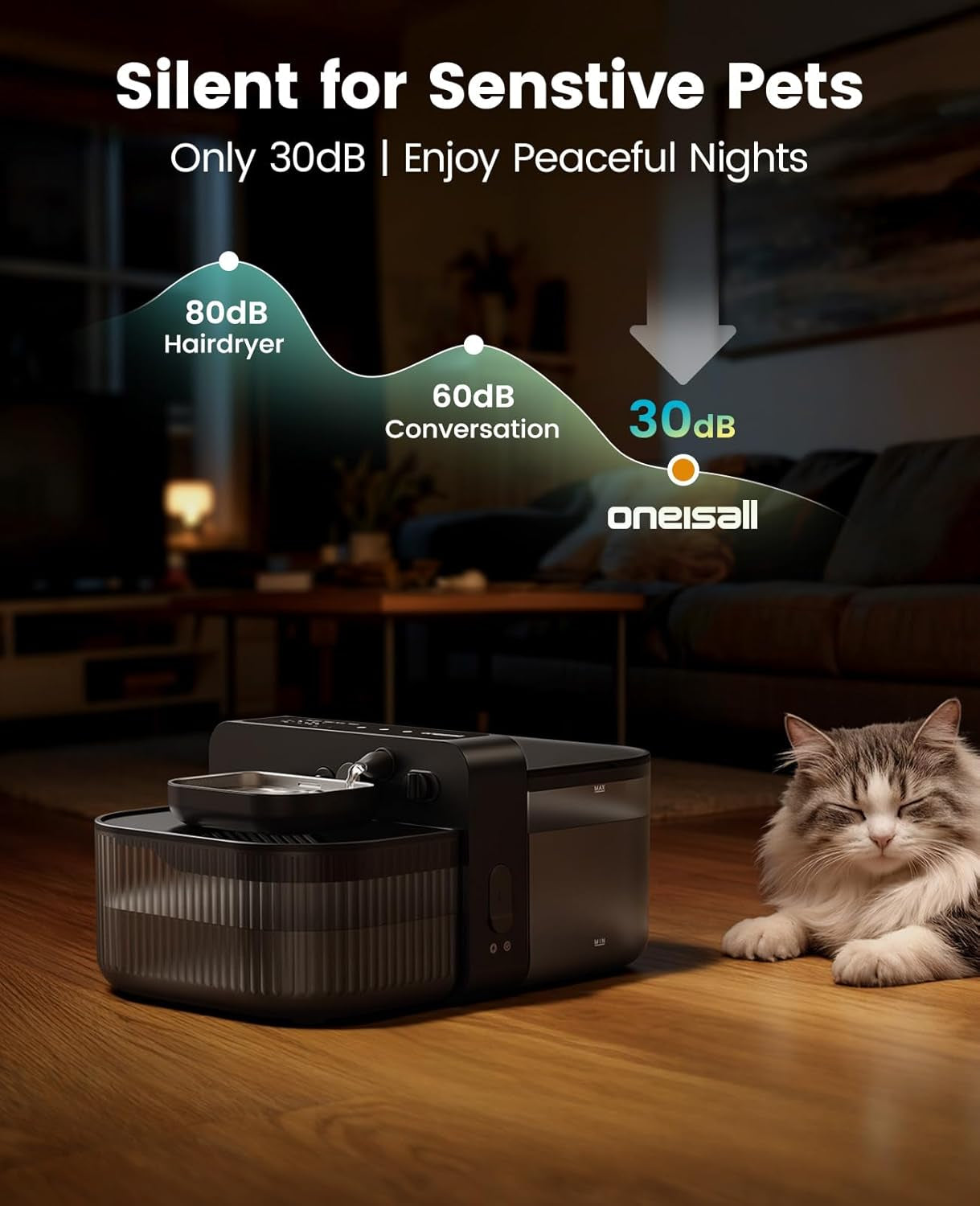 Cat Water Fountain Wireless Filterless 3.5L Stainless Steel Smart Quiet