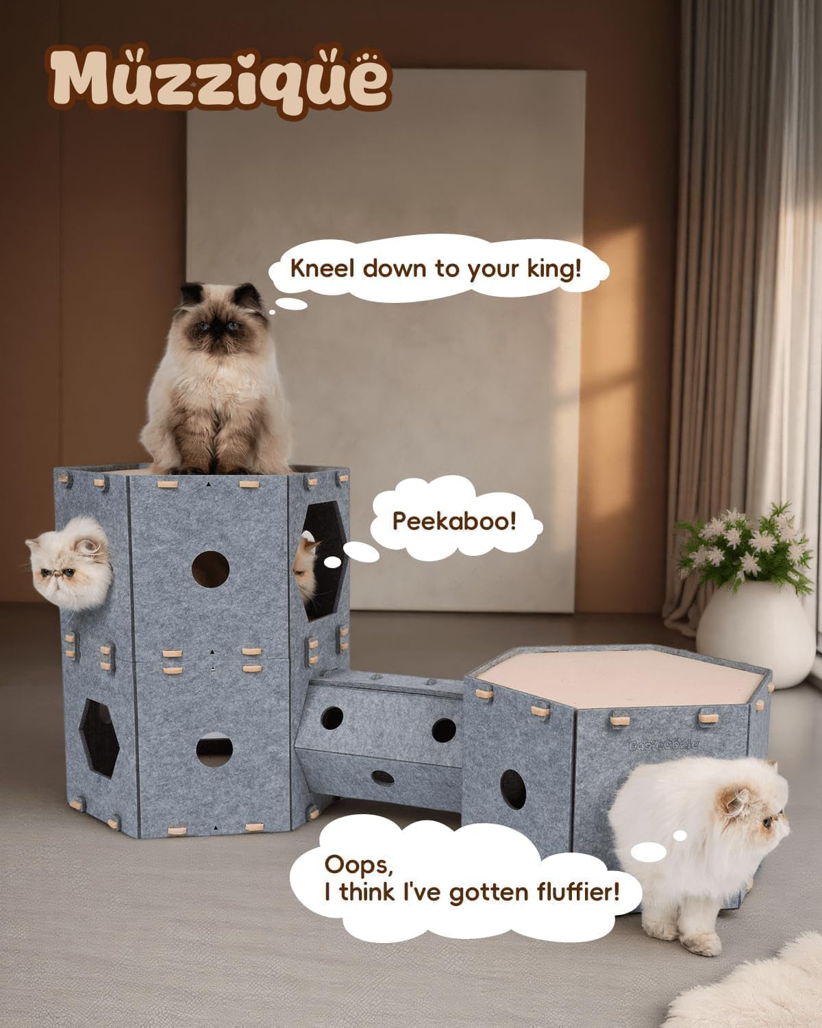 Muzzique Modular Felt Cat House & Tunnel Bed with Cleaning Brush