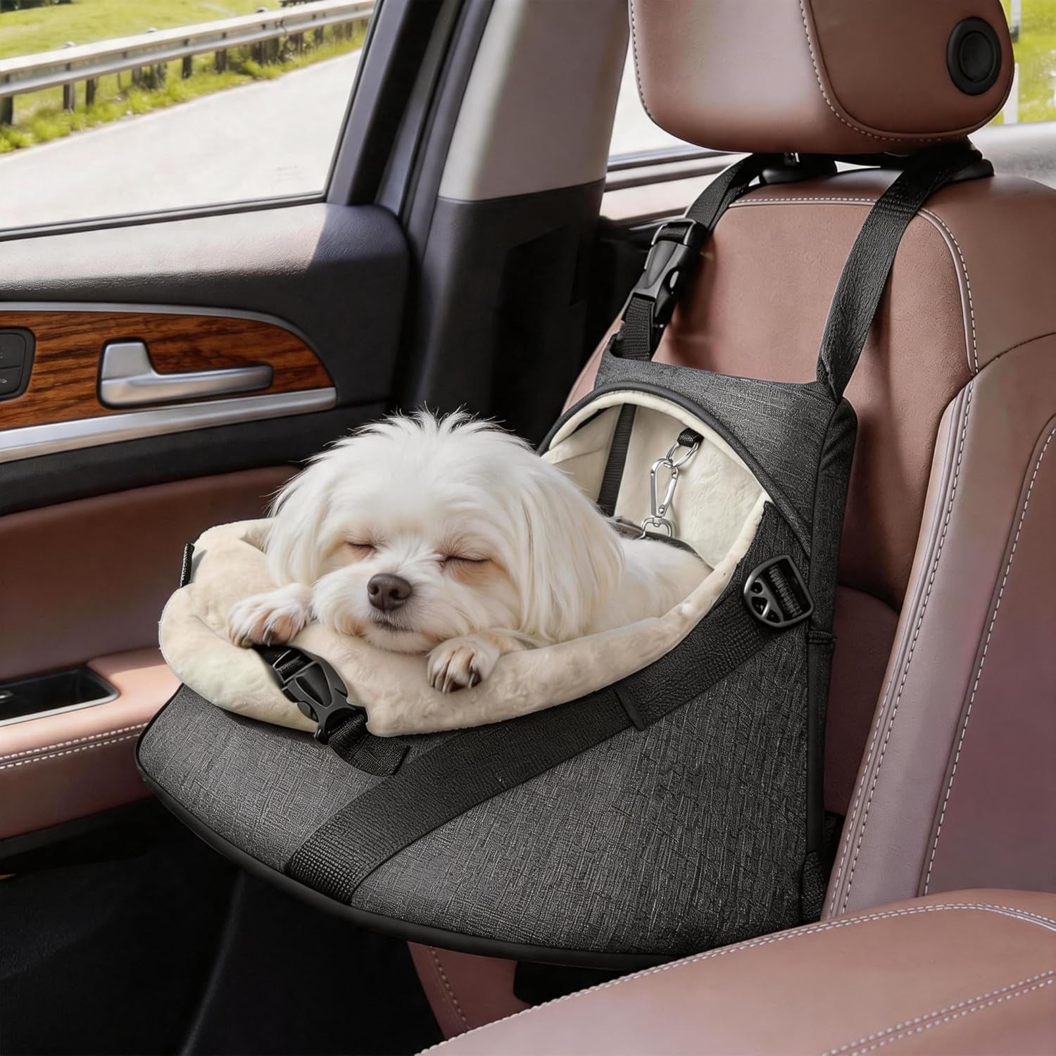 Small Dog Car Seat Booster PU Leather Travel Seat for Dogs up to 7lbs Dark Gray Small (Under 7Lbs)