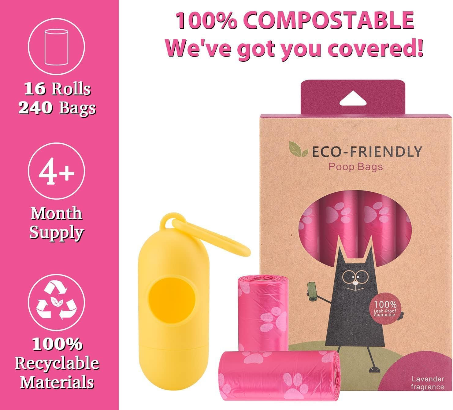 Biodegradable Dog Poop Bags with Holder Leak Proof Compostable Waste Bags