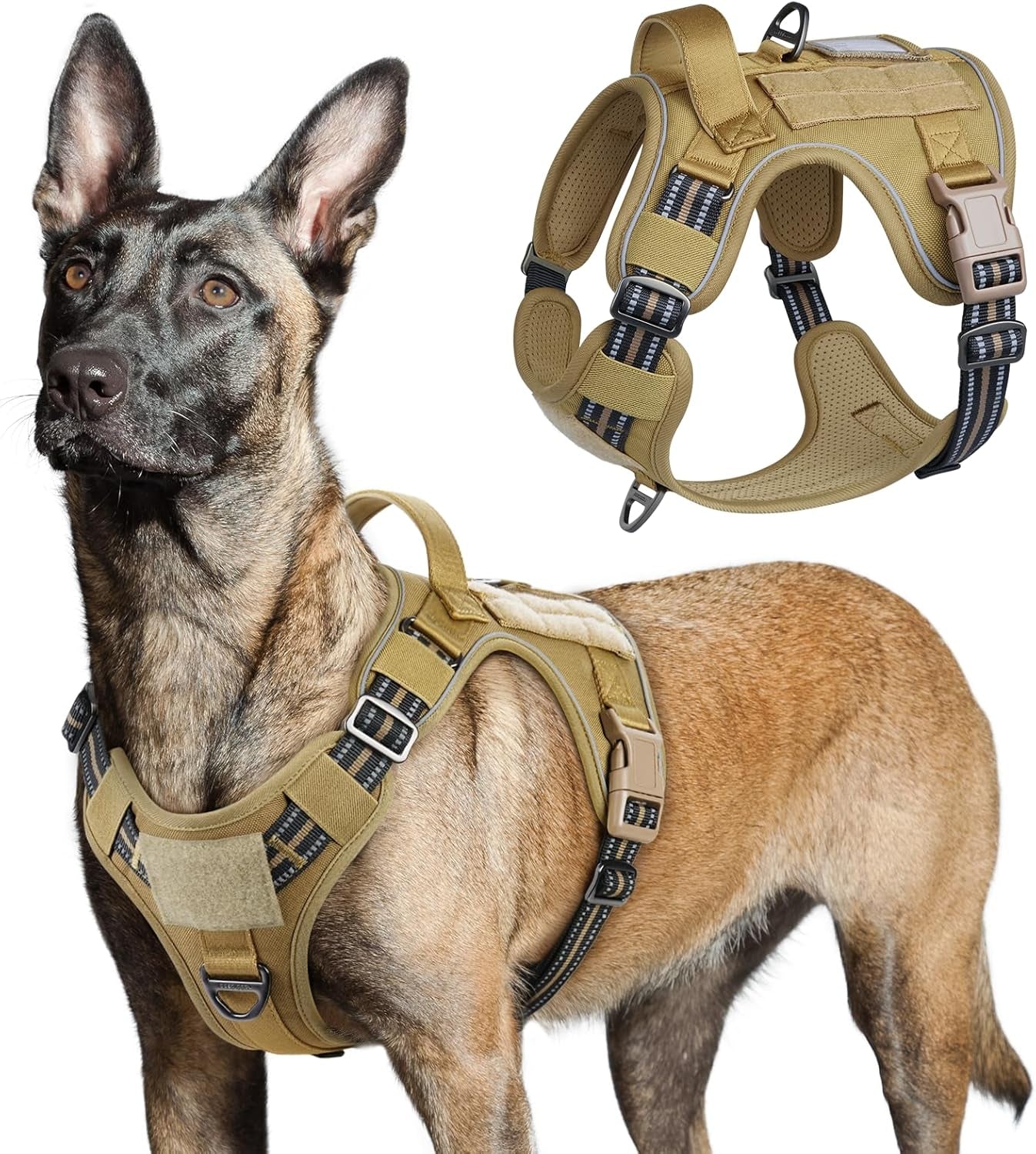 No Pull Tactical Dog Harness Molle Vest Adjustable Medium Large Dogs Brown Large