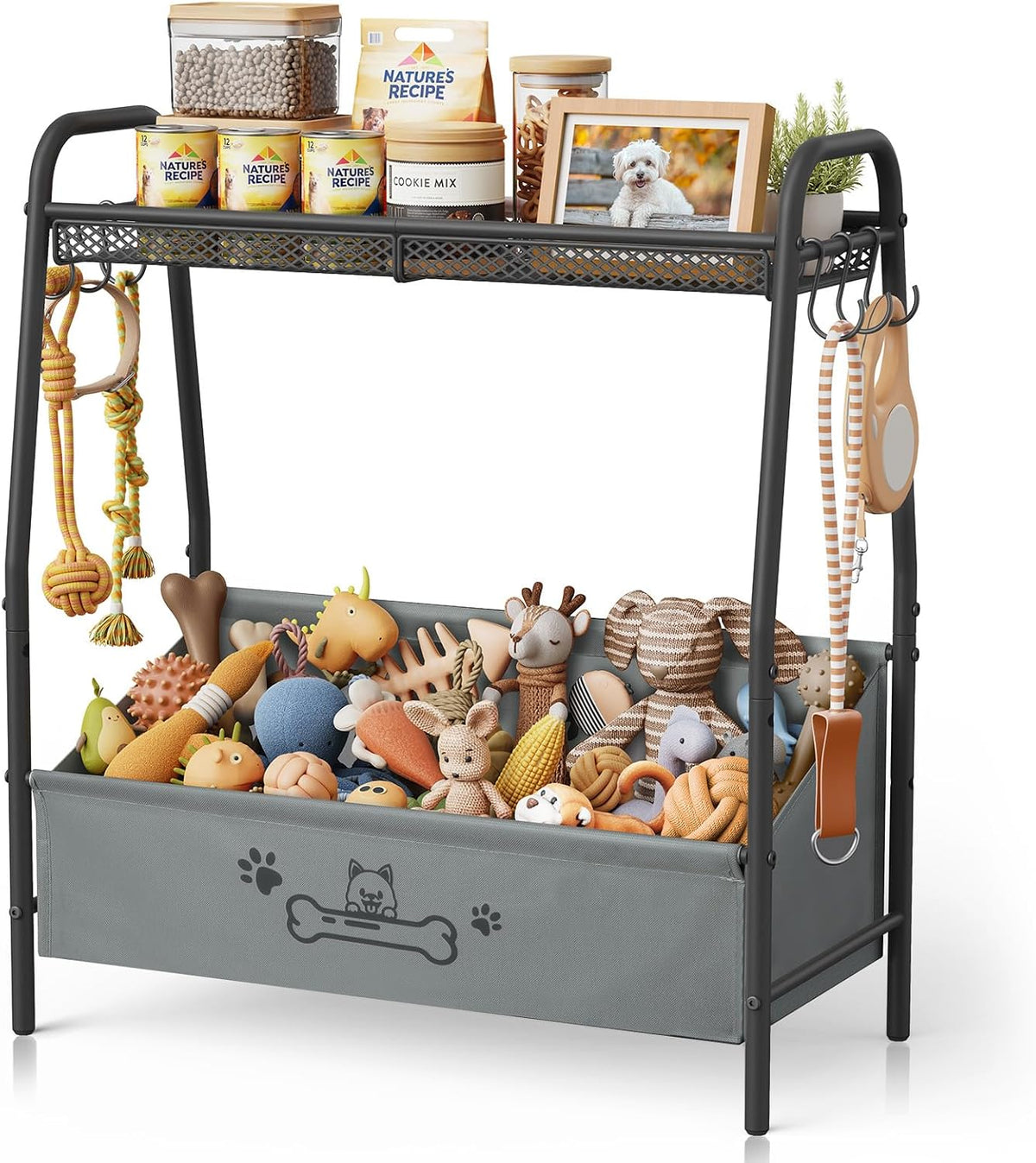 Large Dog Toy Storage Organizer with Shelf & 6 Hooks – Black, White or Brown