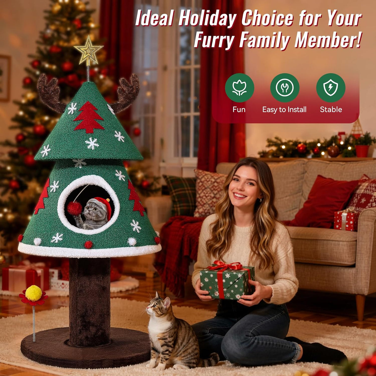 Christmas Cat Tree with Cozy Cat House – 47.2, 60 & 63 Inch