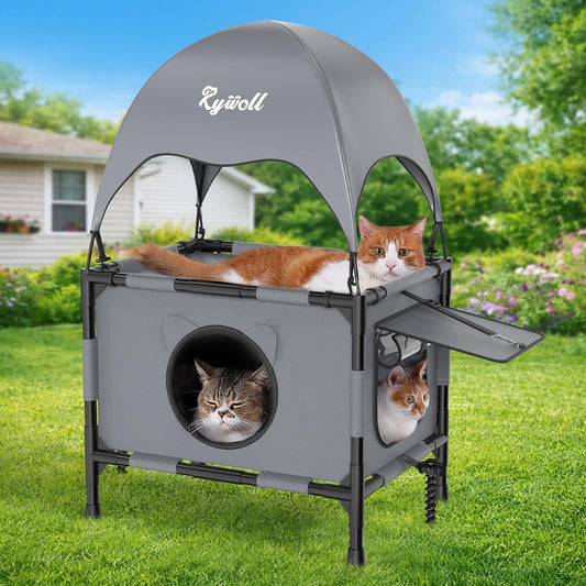 Outdoor Cat House Elevated 2 Tier Shelter with Canopy & Mesh Default Title