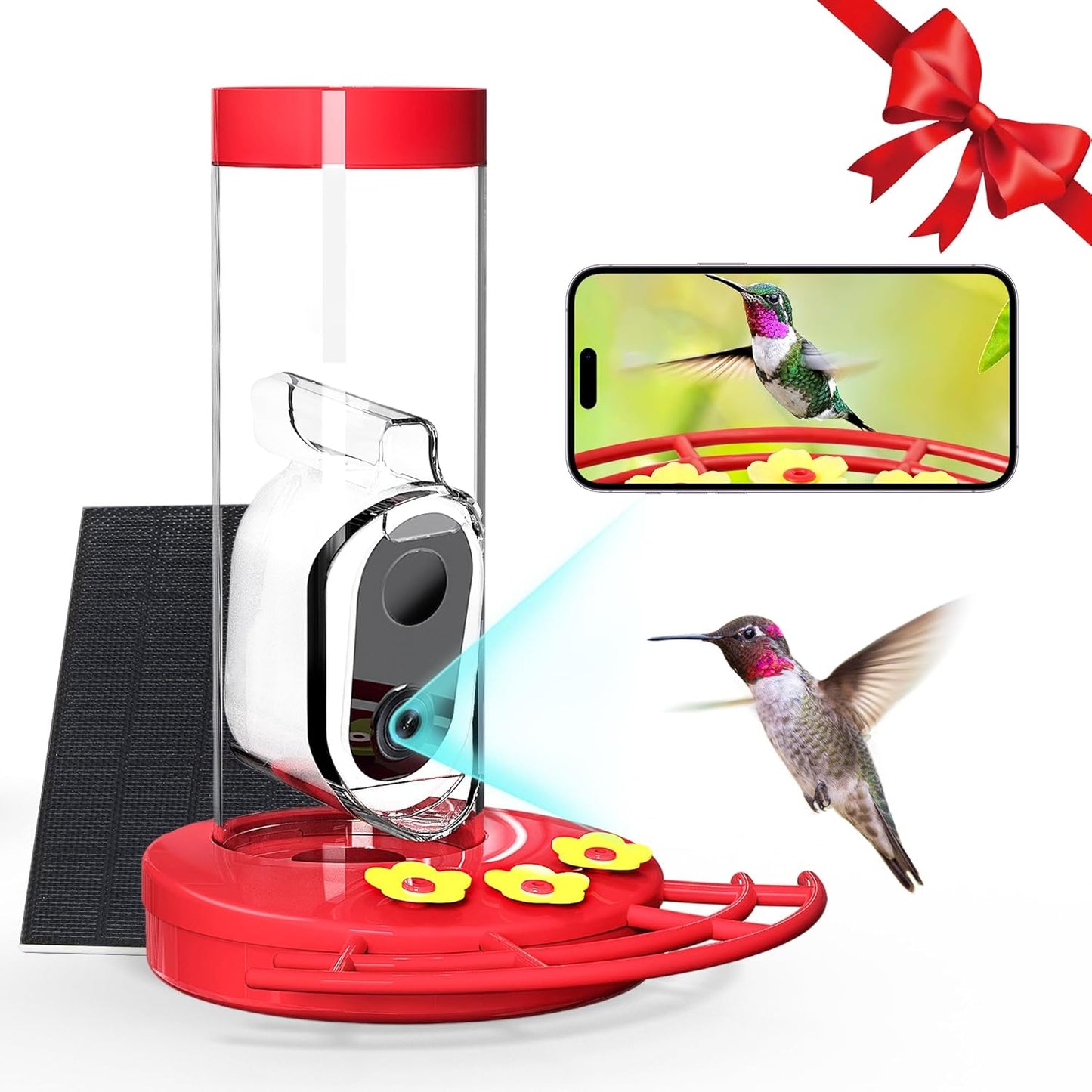 Hummingbird Feeder Camera Solar WiFi Smart AI Motion Detection 20oz Red With Solar Panel