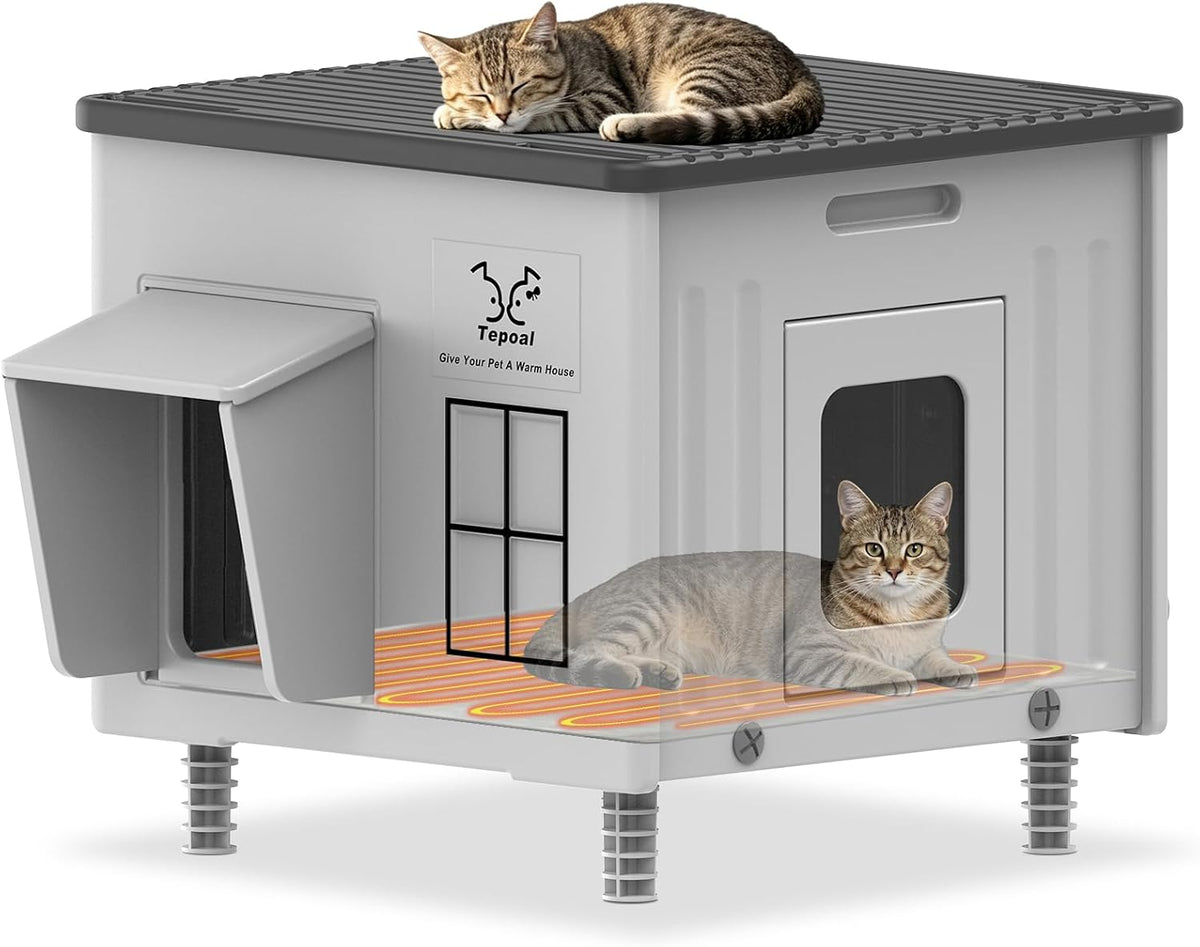 Heavy-Duty Heated Outdoor Cat House with Escape Door – Green or Grey, 2 Sizes