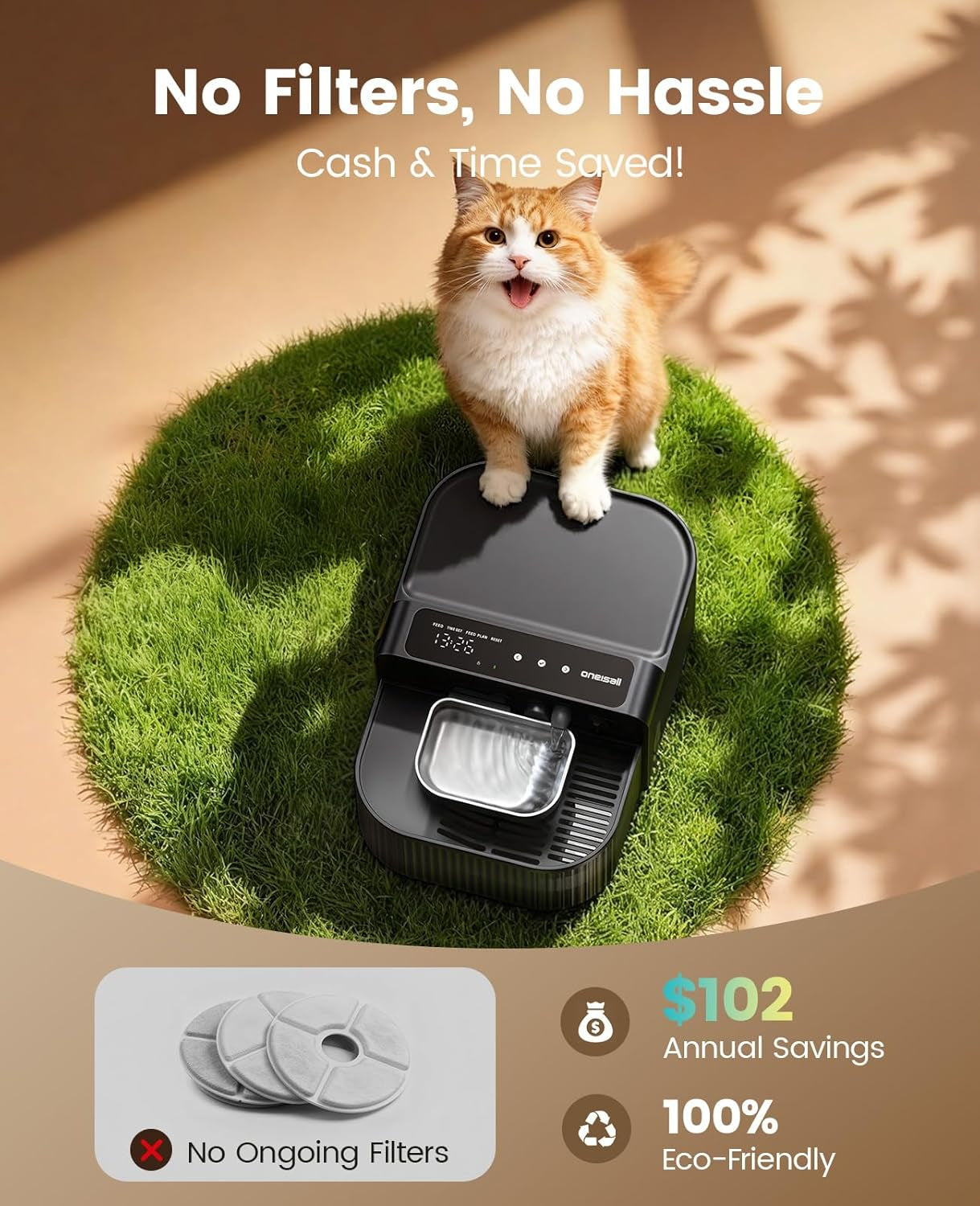 Cat Water Fountain Wireless Filterless 3.5L Stainless Steel Smart Quiet