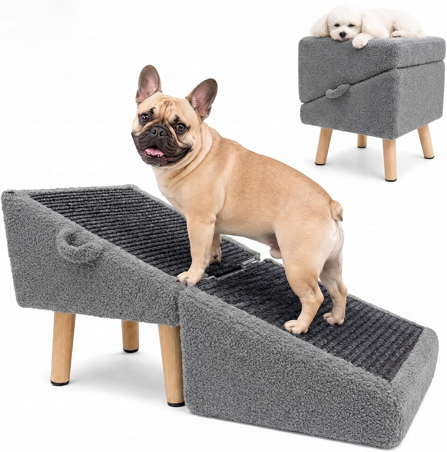 16in Dog Ramp Stairs Foldable Wooden Pet Ramp Ottoman for Couch Bed Dark Grey