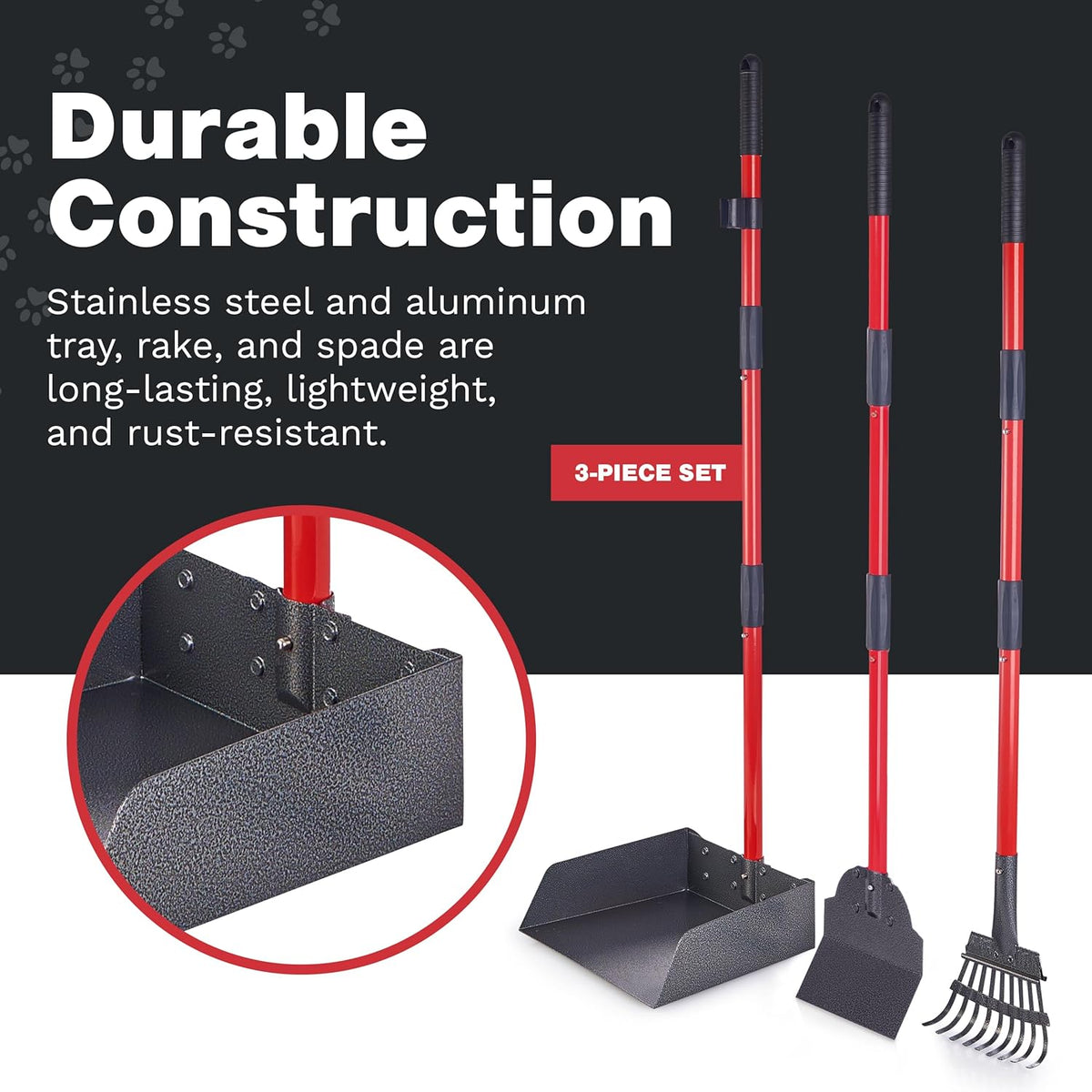 Metal Pooper Scooper Set with Long Handle Tray & Rake for Large Dogs