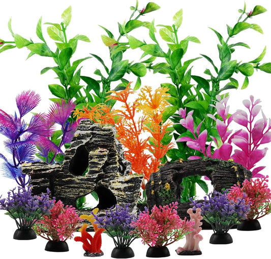 15pc Fish Tank Decorations Plants Cave Barrel Coral Aquarium Decor Set Default Title