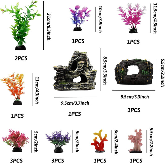 15pc Fish Tank Decorations Plants Cave Barrel Coral Aquarium Decor Set